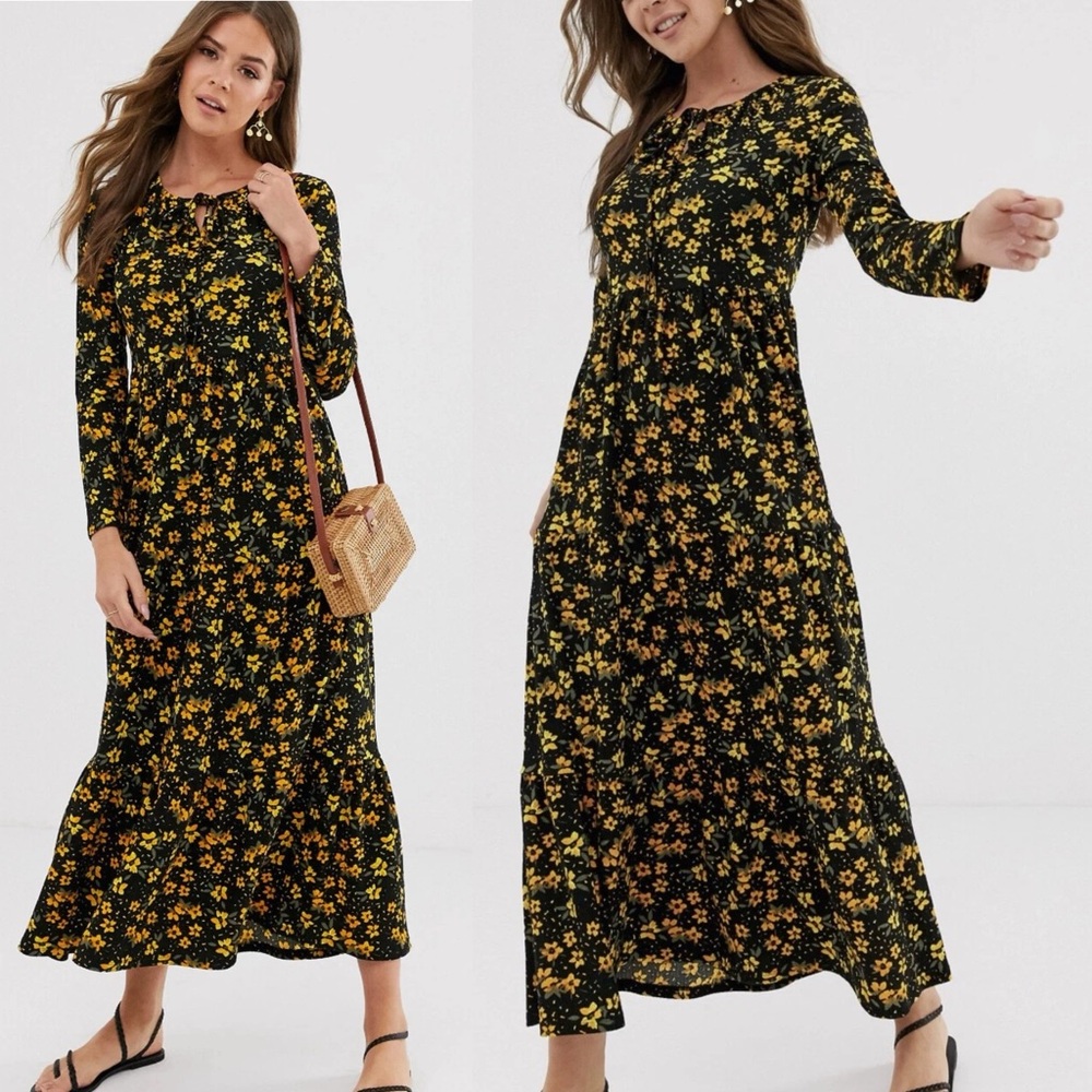 Free People Tiers of Joy Yellow and Black Midi Dress M